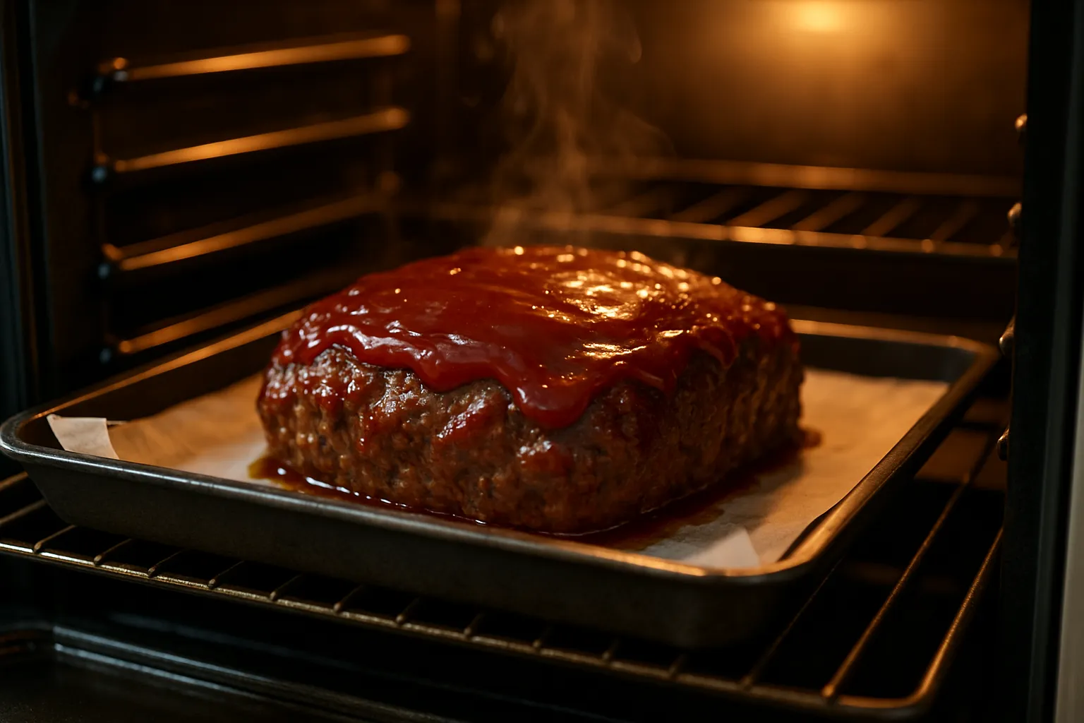 Classic meatloaf with ketchup glaze baking in oven on parchment-lined baking sheet