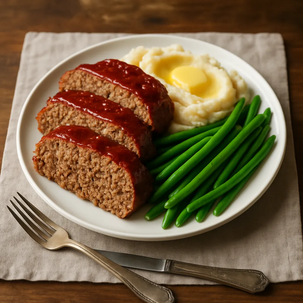 Plated classic meatloaf dinner with mashed potatoes and green beans on white ceramic plate