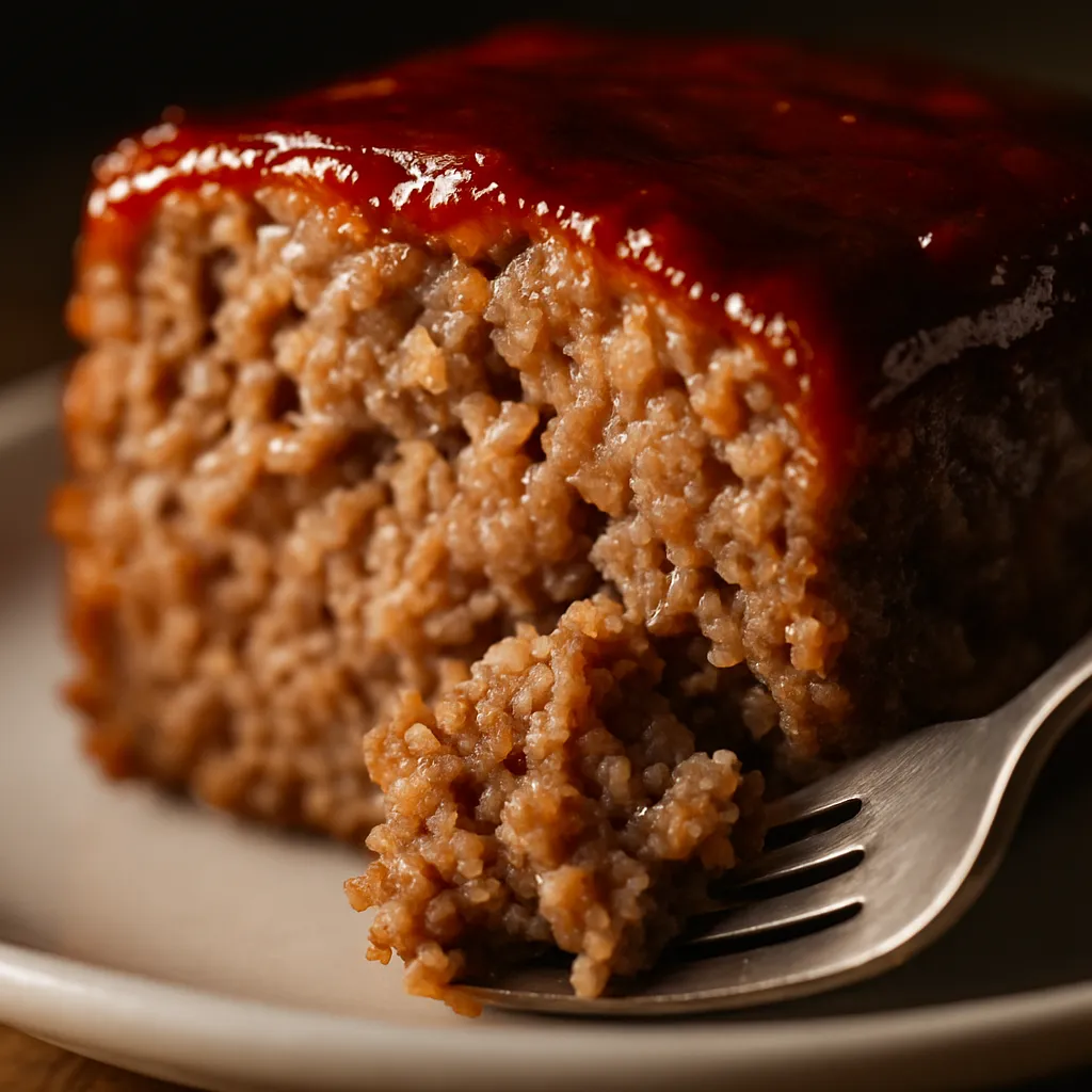 Extreme close-up of classic meatloaf slice showing moist interior texture and ketchup glaze