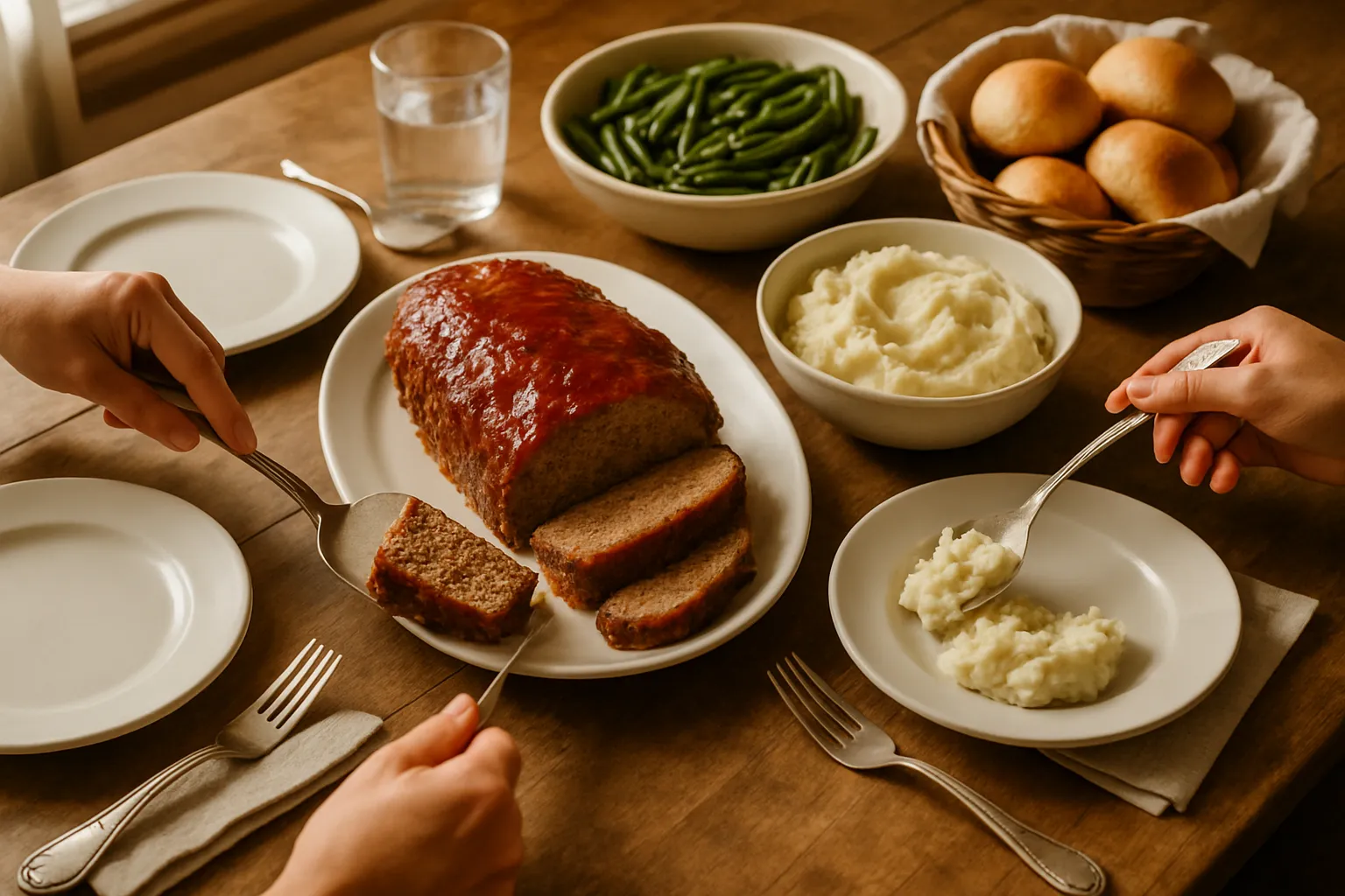 Family dinner table with classic meatloaf, mashed potatoes, green beans, and dinner rolls