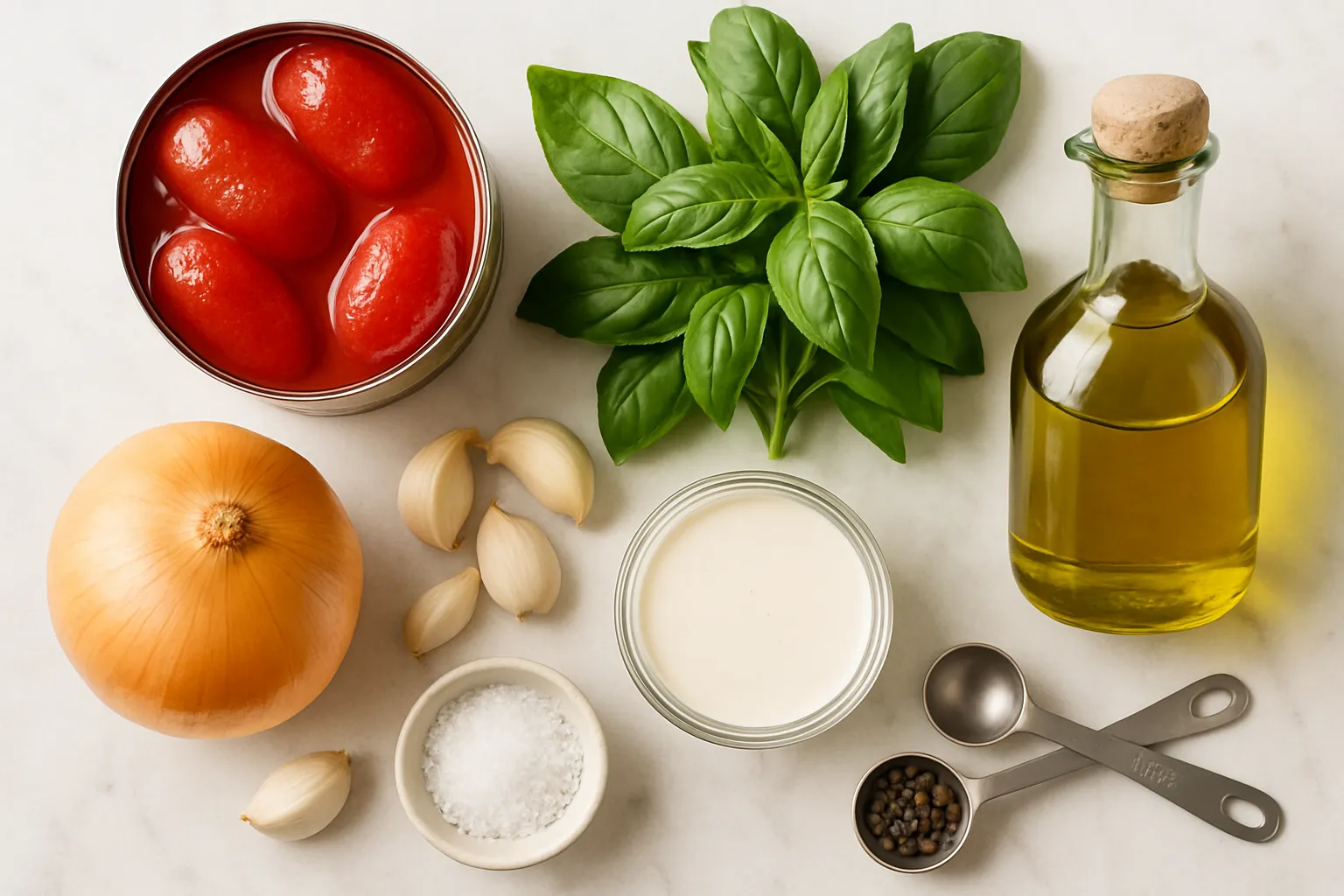 Classic Tomato Basil Soup in a white bowl garnished with fresh basil and cream swirl