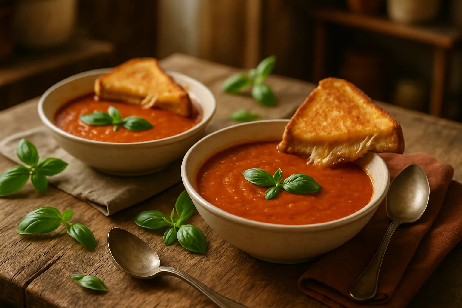 Vertical shot of Classic Tomato Basil Soup with fresh ingredients and grilled cheese