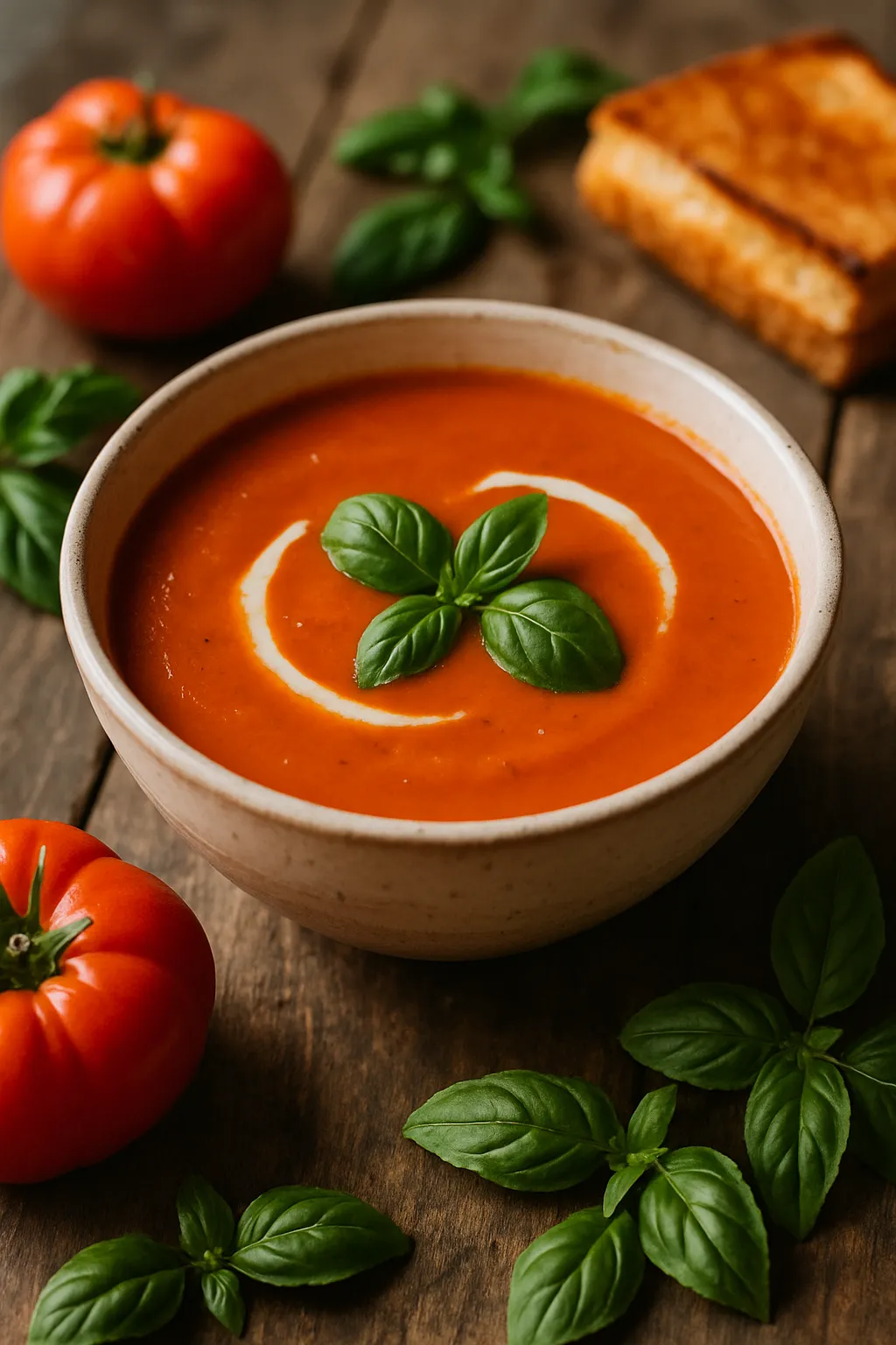 Tomato basil soup simmering in a Dutch oven with fresh basil leaves visible