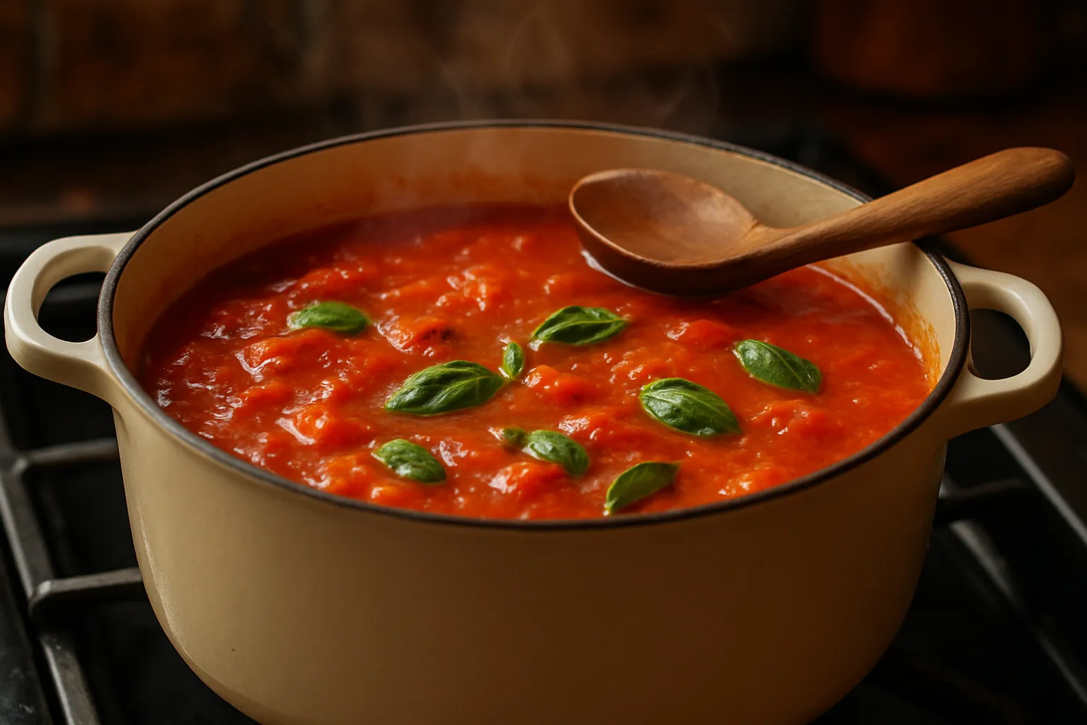 Bowl of finished Classic Tomato Basil Soup garnished with fresh basil and cream