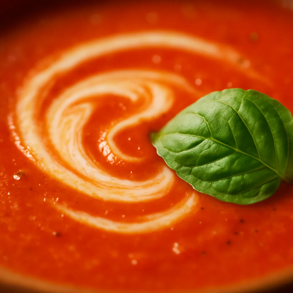 Close-up of creamy tomato basil soup texture with cream swirl and fresh basil garnish