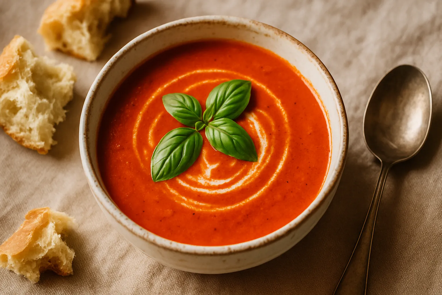 Classic Tomato Basil Soup served with grilled cheese sandwiches on a rustic wooden table