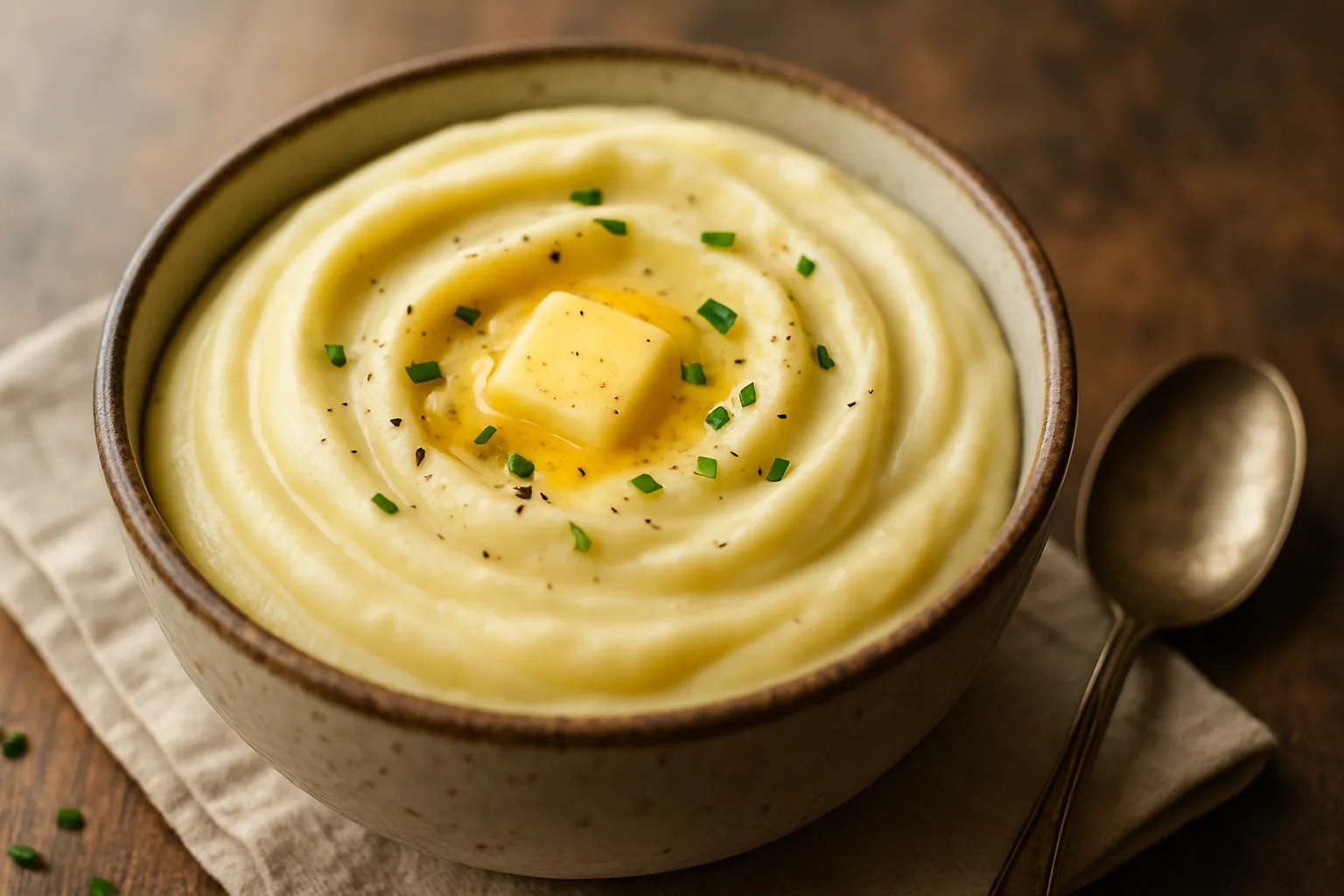 Bowl of ultra-creamy mashed potatoes with melting butter and fresh herbs on rustic table