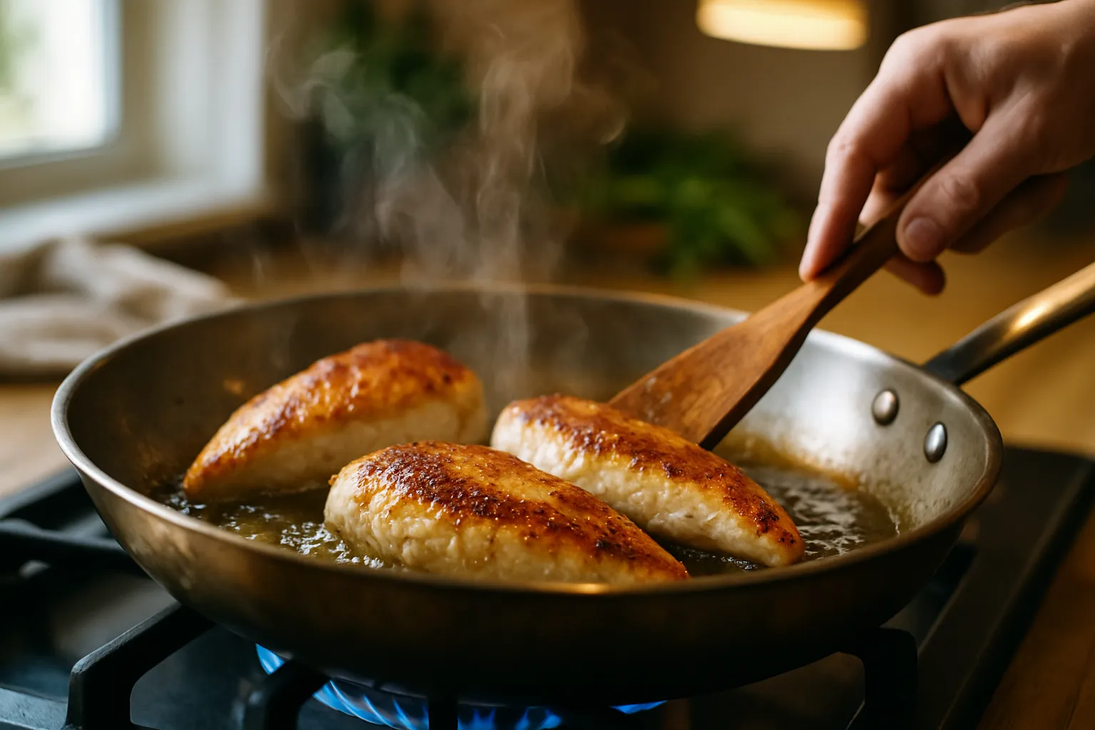 Creamy Tuscan Chicken with sun-dried tomatoes and spinach in a cast iron skillet with golden chicken breasts in rich Parmesan cream sauce