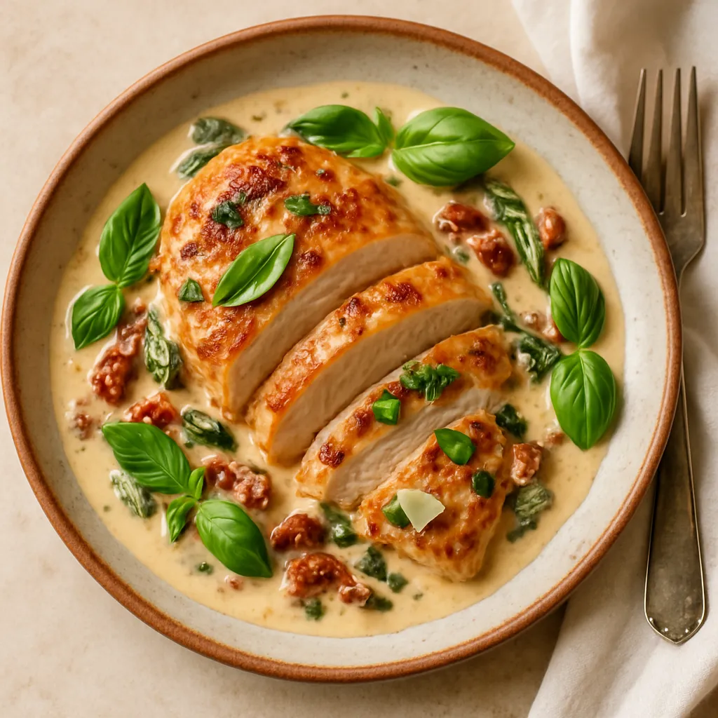 Overhead view of fresh ingredients for Creamy Tuscan Chicken including chicken breasts, sun-dried tomatoes, spinach, Parmesan cheese, and cream