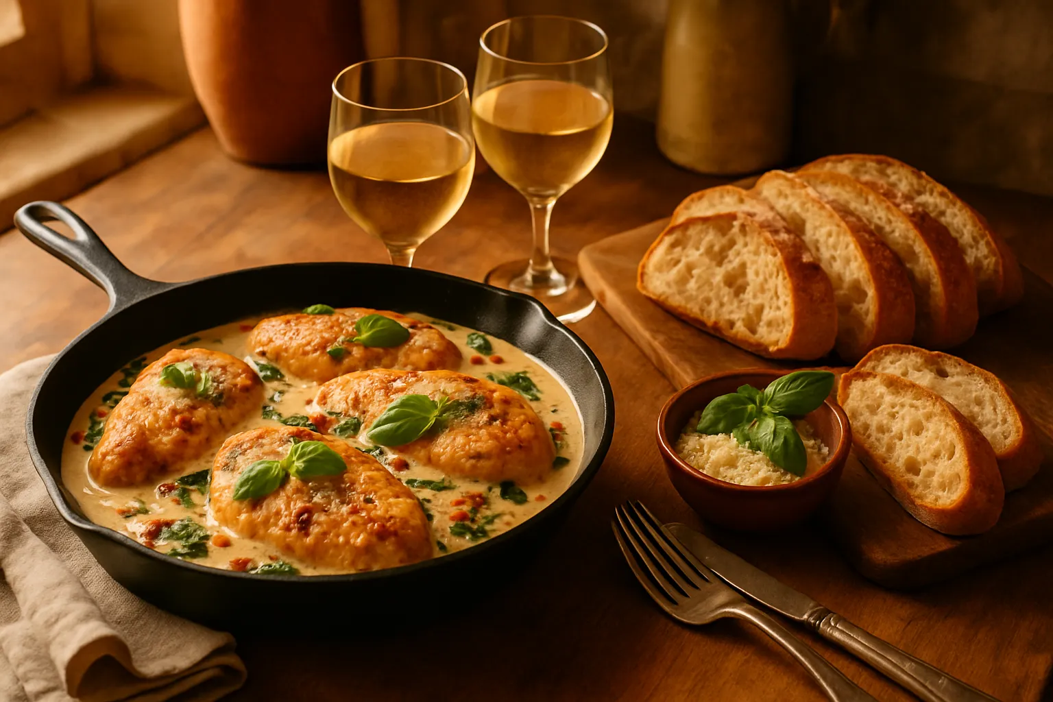 Golden-brown chicken breasts searing in a skillet with olive oil during the cooking process