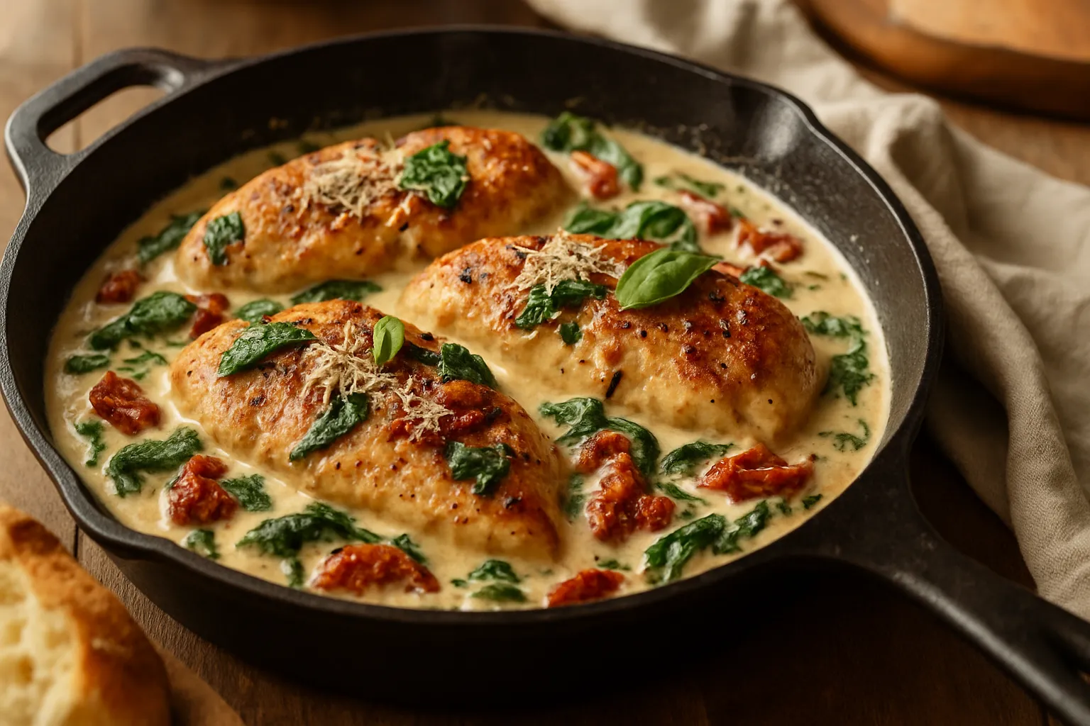 Vertical composition of Creamy Tuscan Chicken recipe showing finished dish with sun-dried tomatoes, spinach, and Parmesan cream sauce