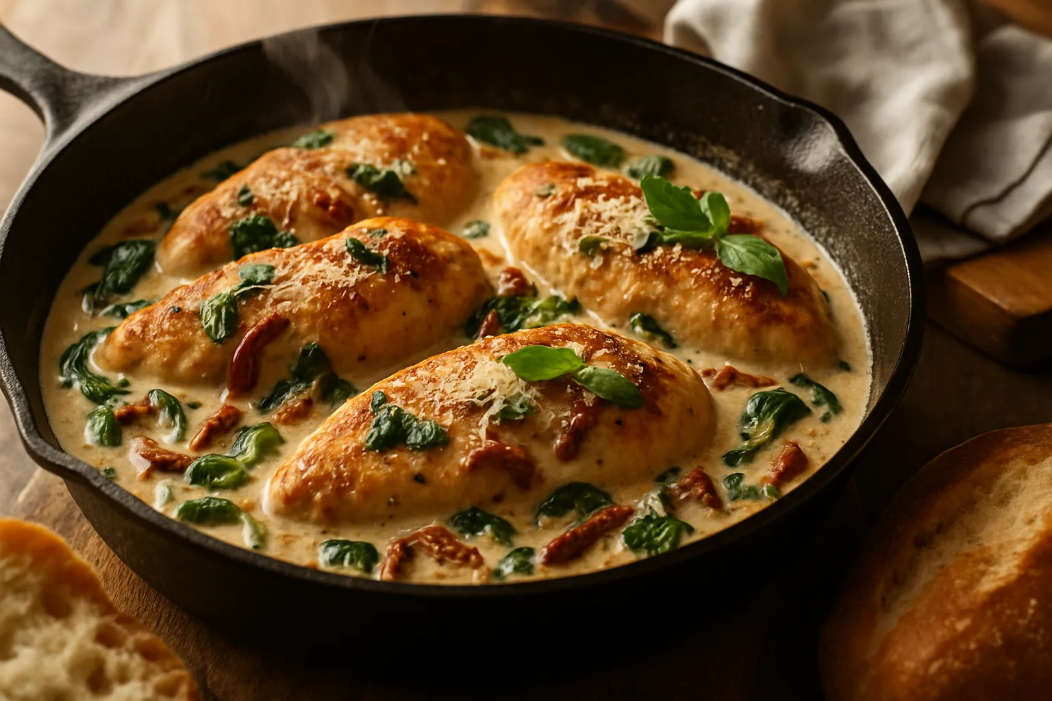Creamy Parmesan sauce with sun-dried tomatoes and spinach being stirred in a skillet