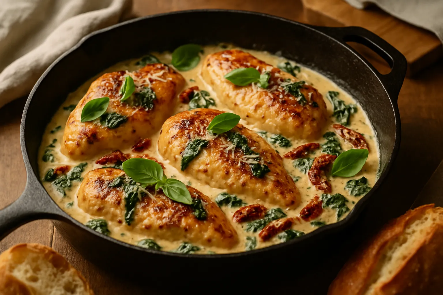 Plated Creamy Tuscan Chicken with sliced chicken breast, sun-dried tomatoes, spinach, and Parmesan cream sauce garnished with fresh basil