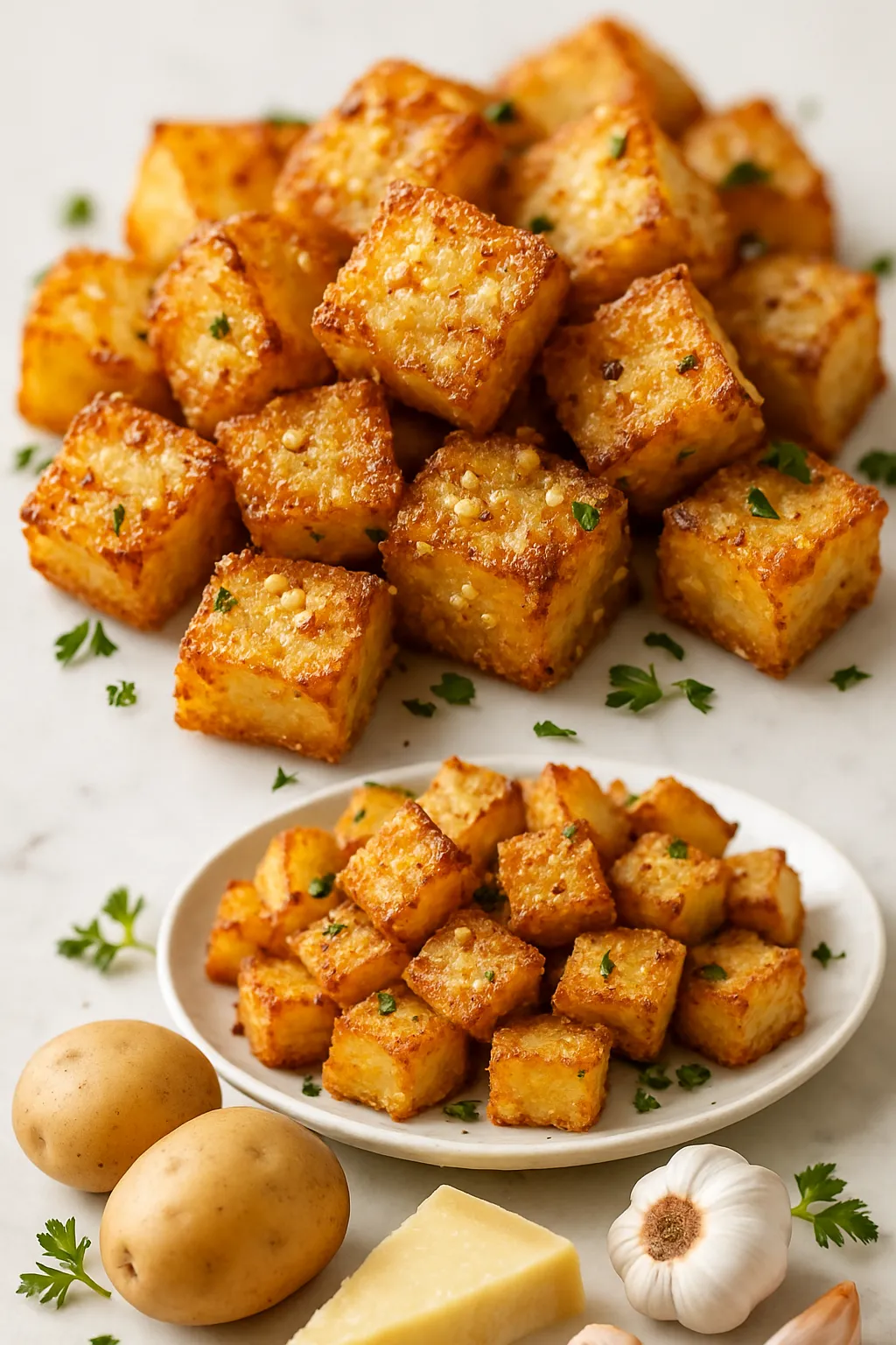 Crispy garlic parmesan potatoes with golden-brown crust and fresh parsley on rustic ceramic platter