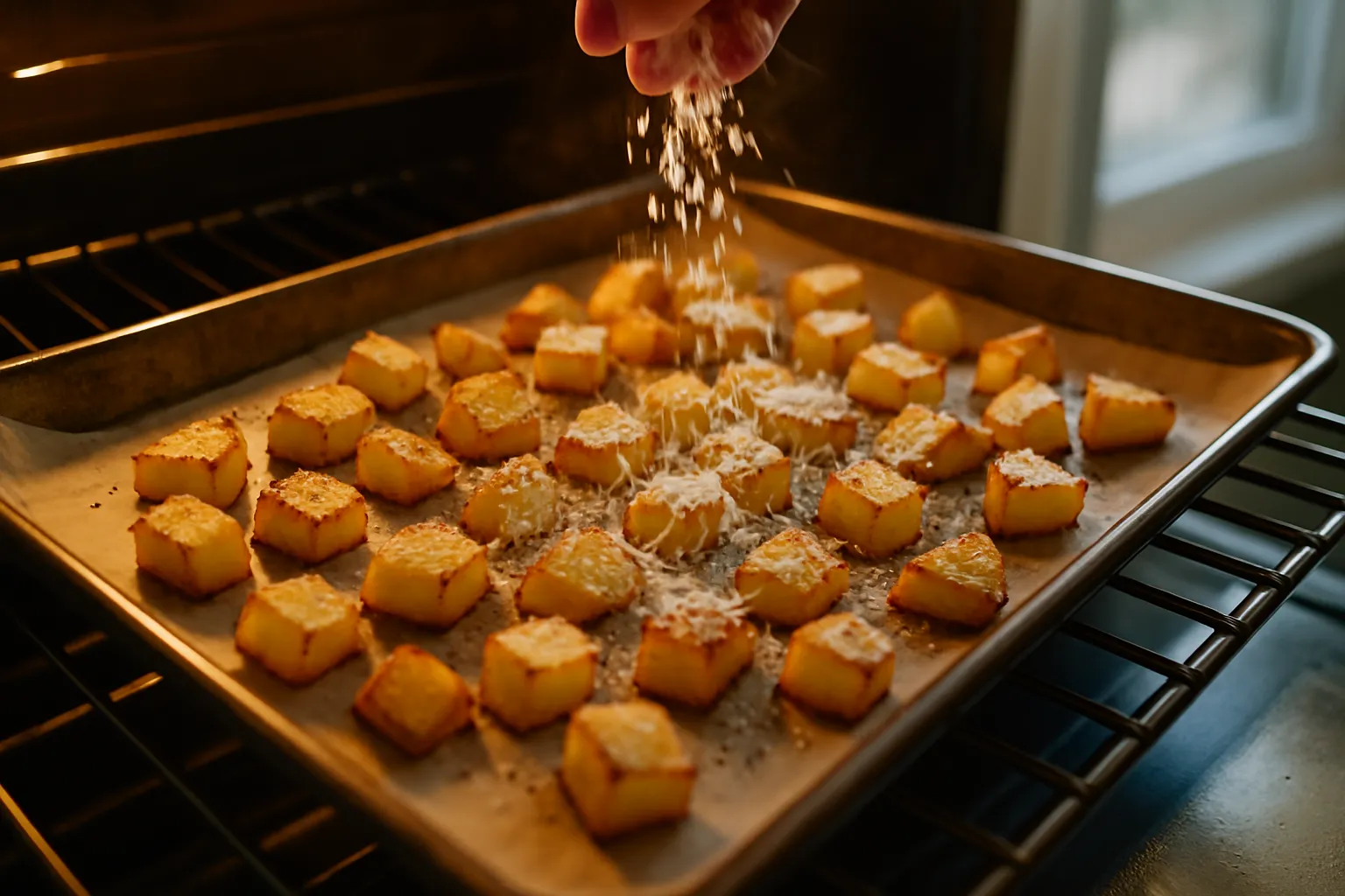 Overhead view of fresh ingredients for crispy garlic parmesan potatoes including Yukon Gold potatoes, parmesan cheese, garlic, and herbs