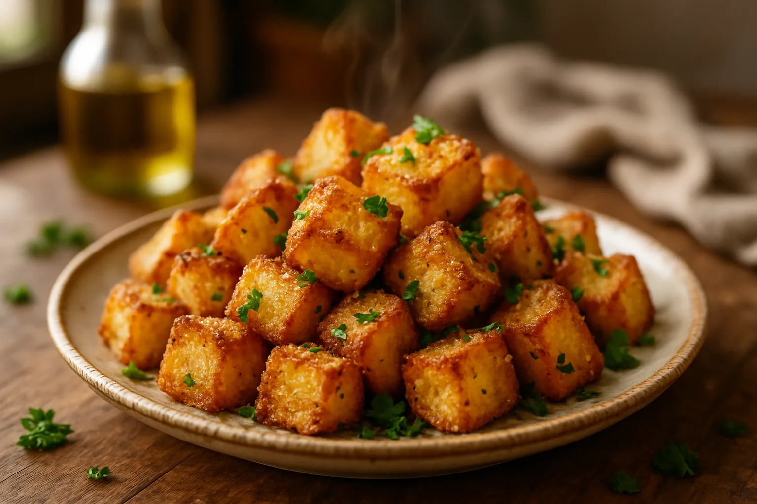 Hands tossing cubed potatoes with olive oil, garlic, and seasonings in ceramic bowl during preparation