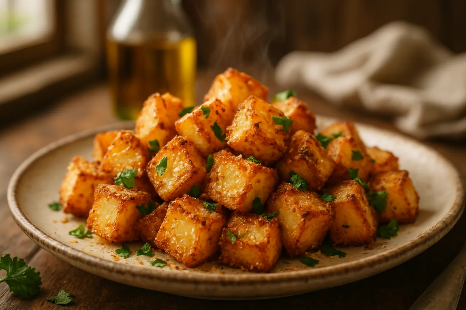 Vertical composition of crispy garlic parmesan potatoes with fresh ingredients for Pinterest
