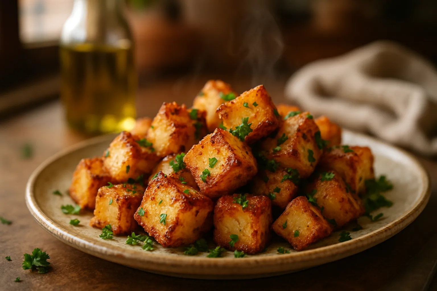 Golden-brown potato cubes roasting on baking sheet with parmesan cheese being added in final minutes