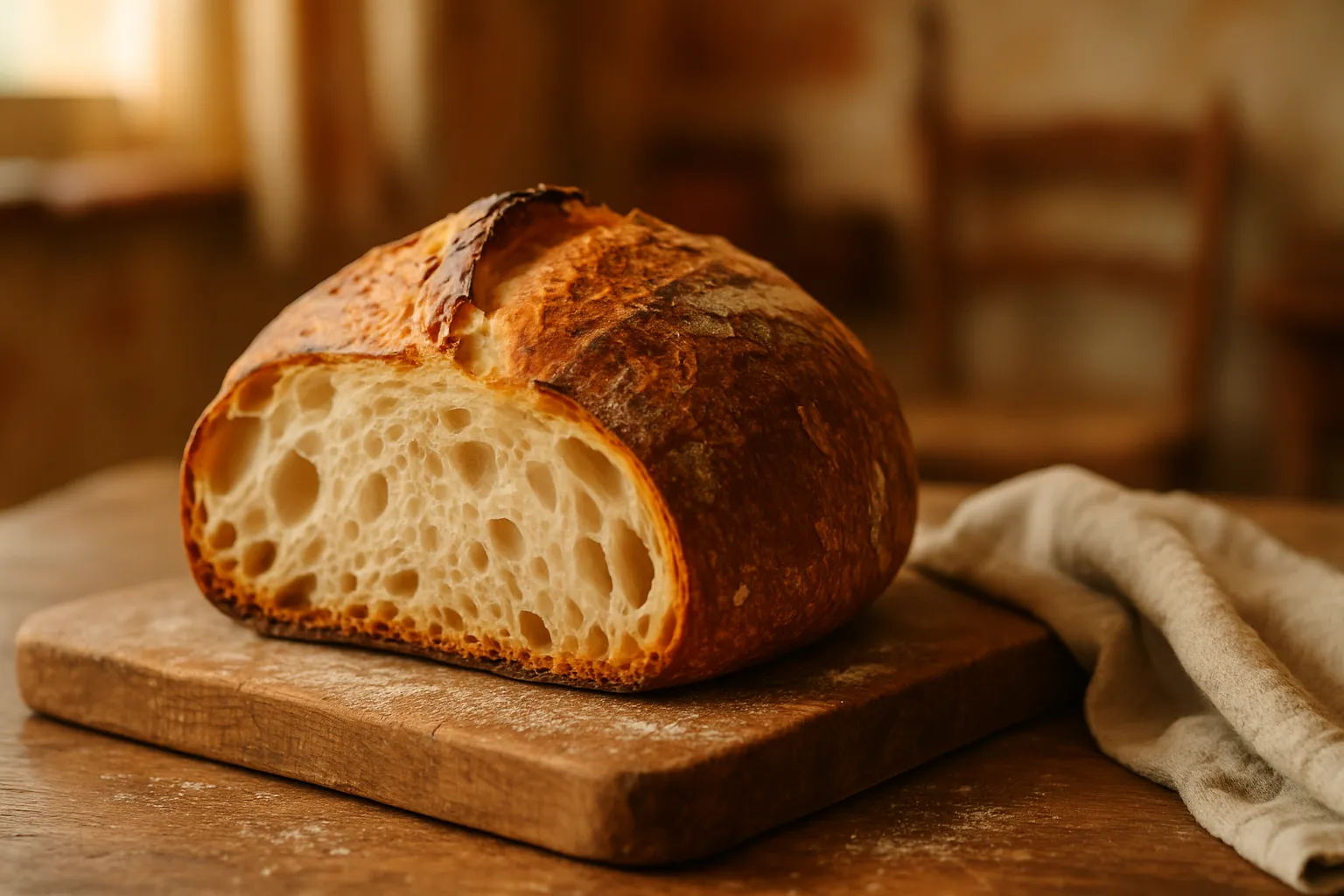 Golden crusty Easy No-Knead Artisan Bread loaf with one slice showing airy crumb on rustic wooden board