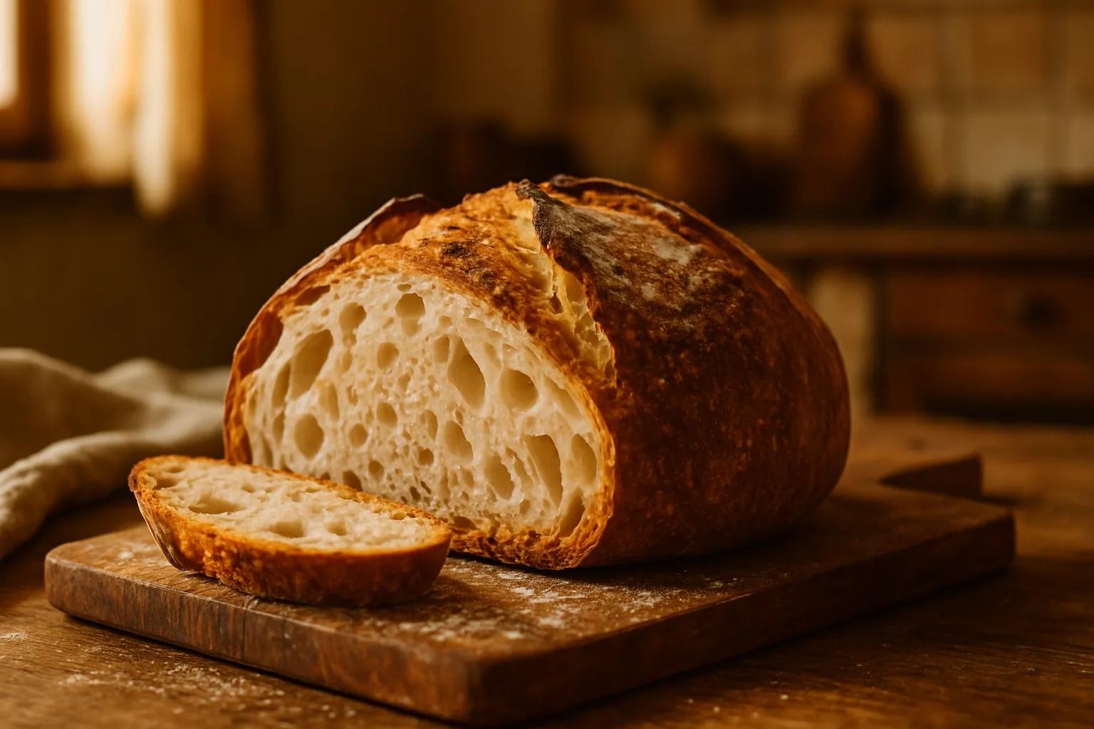 Overhead view of four simple ingredients for Easy No-Knead Artisan Bread: flour, water, salt, and yeast on marble surface
