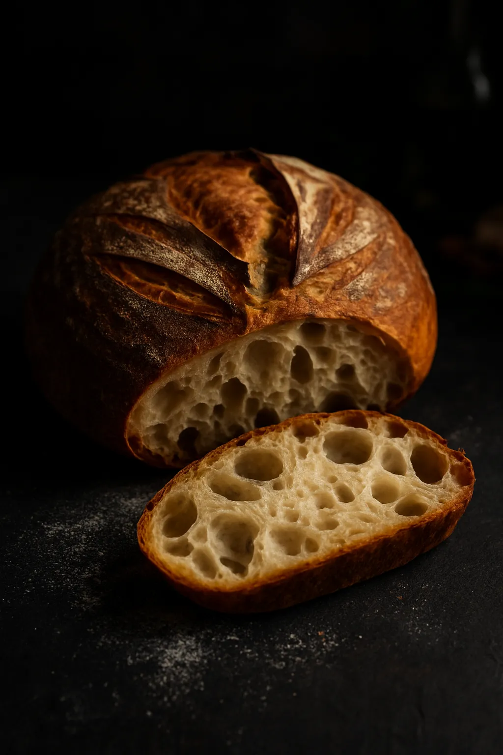 Vertical composition of Easy No-Knead Artisan Bread showing crusty exterior and airy crumb interior