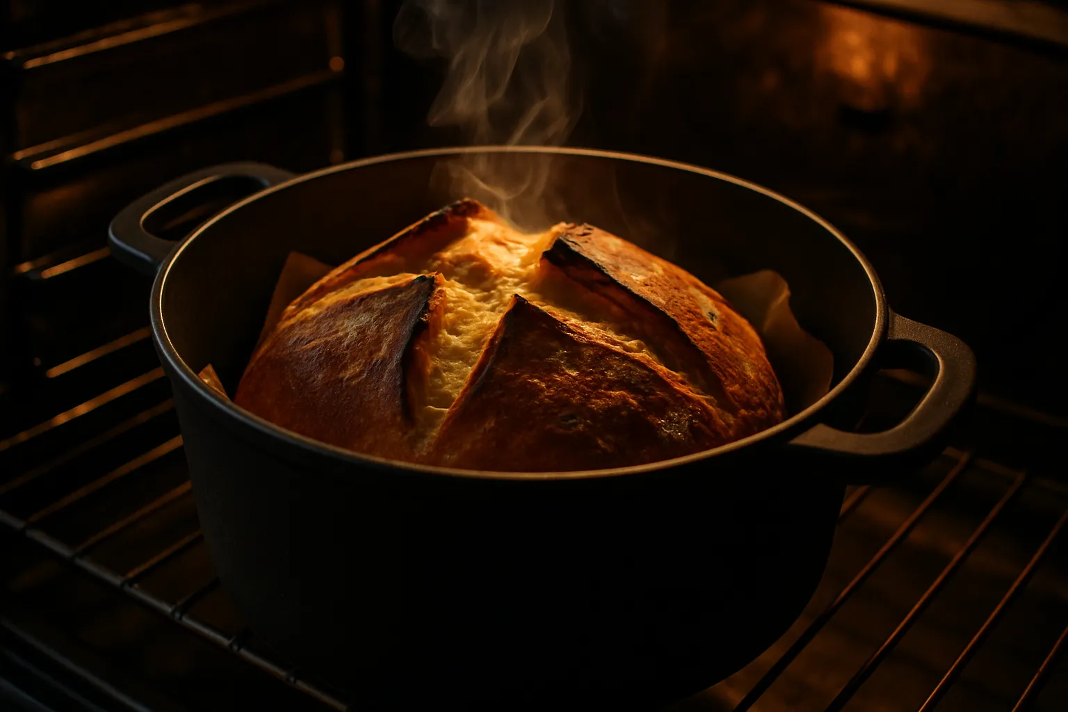 Golden no-knead artisan bread baking in Dutch oven showing oven spring and developing crust