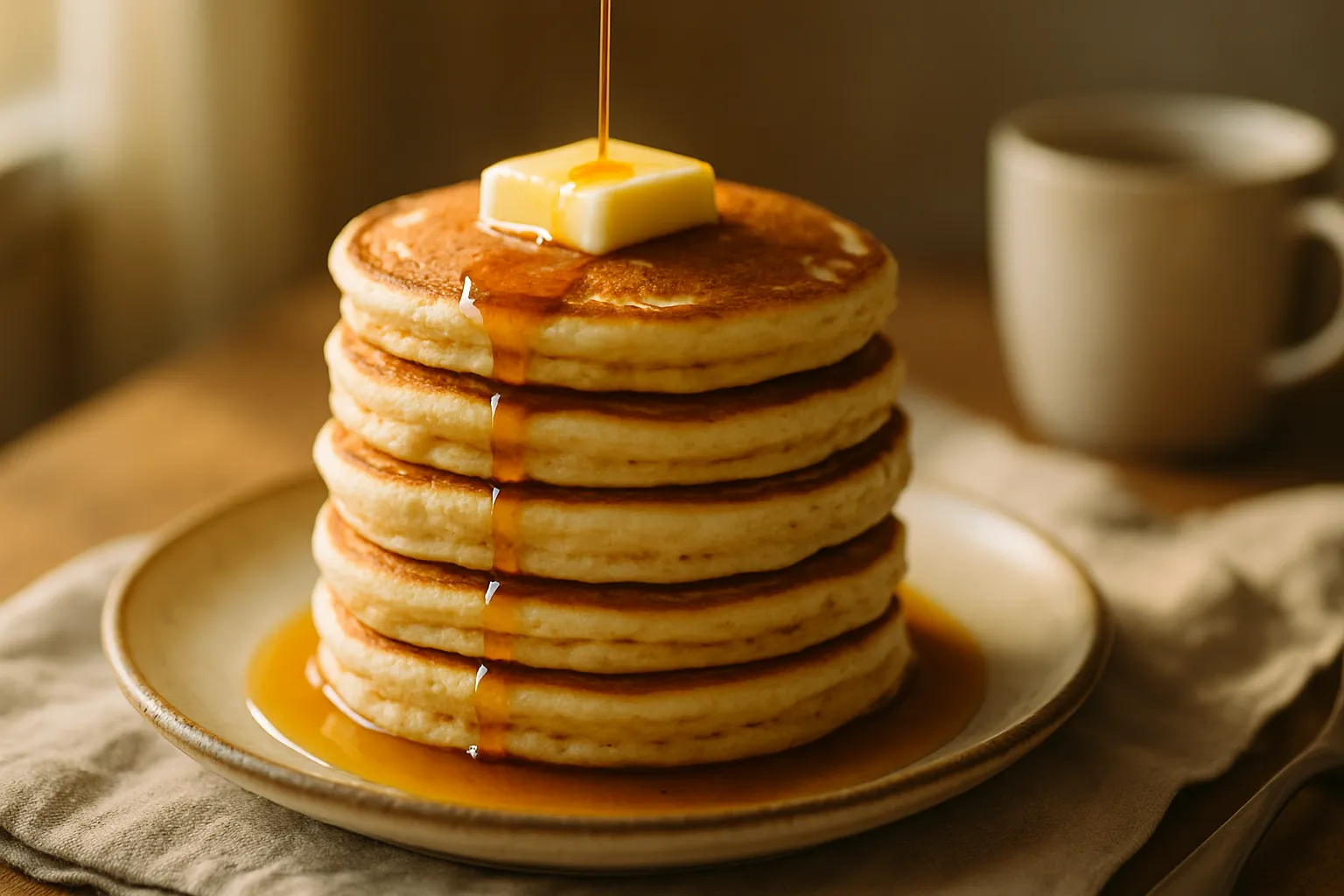 Hands mixing lumpy buttermilk pancake batter in a ceramic bowl with wooden spoon
