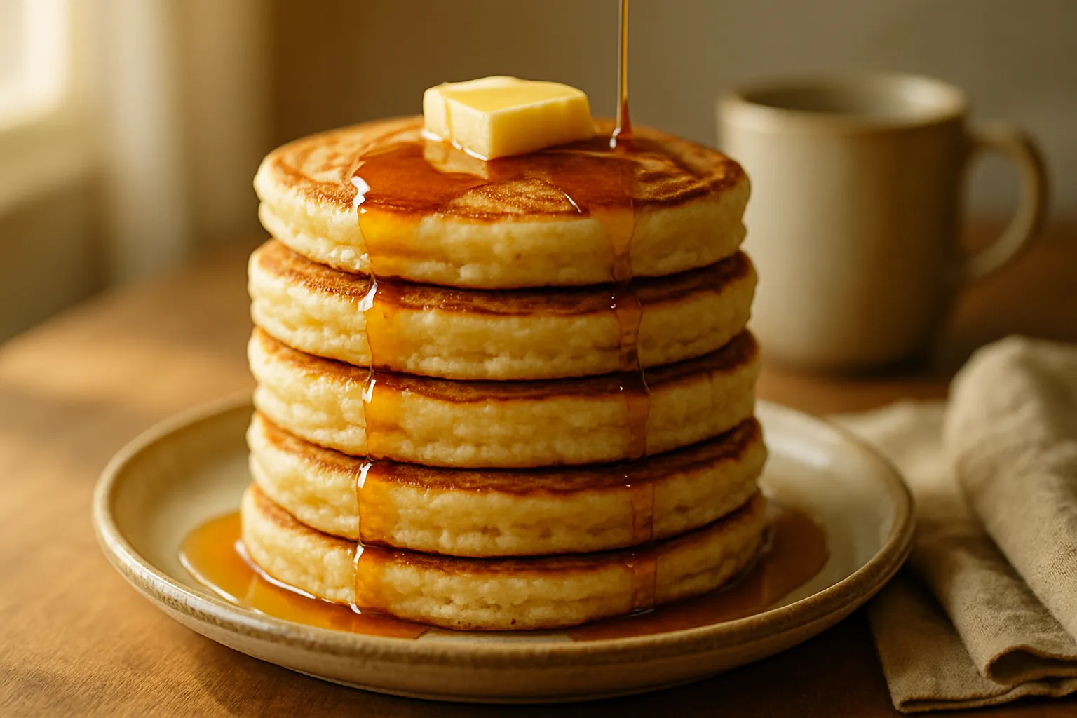 Overhead view of fluffy buttermilk pancakes with butter, syrup, and fresh berries on marble surface
