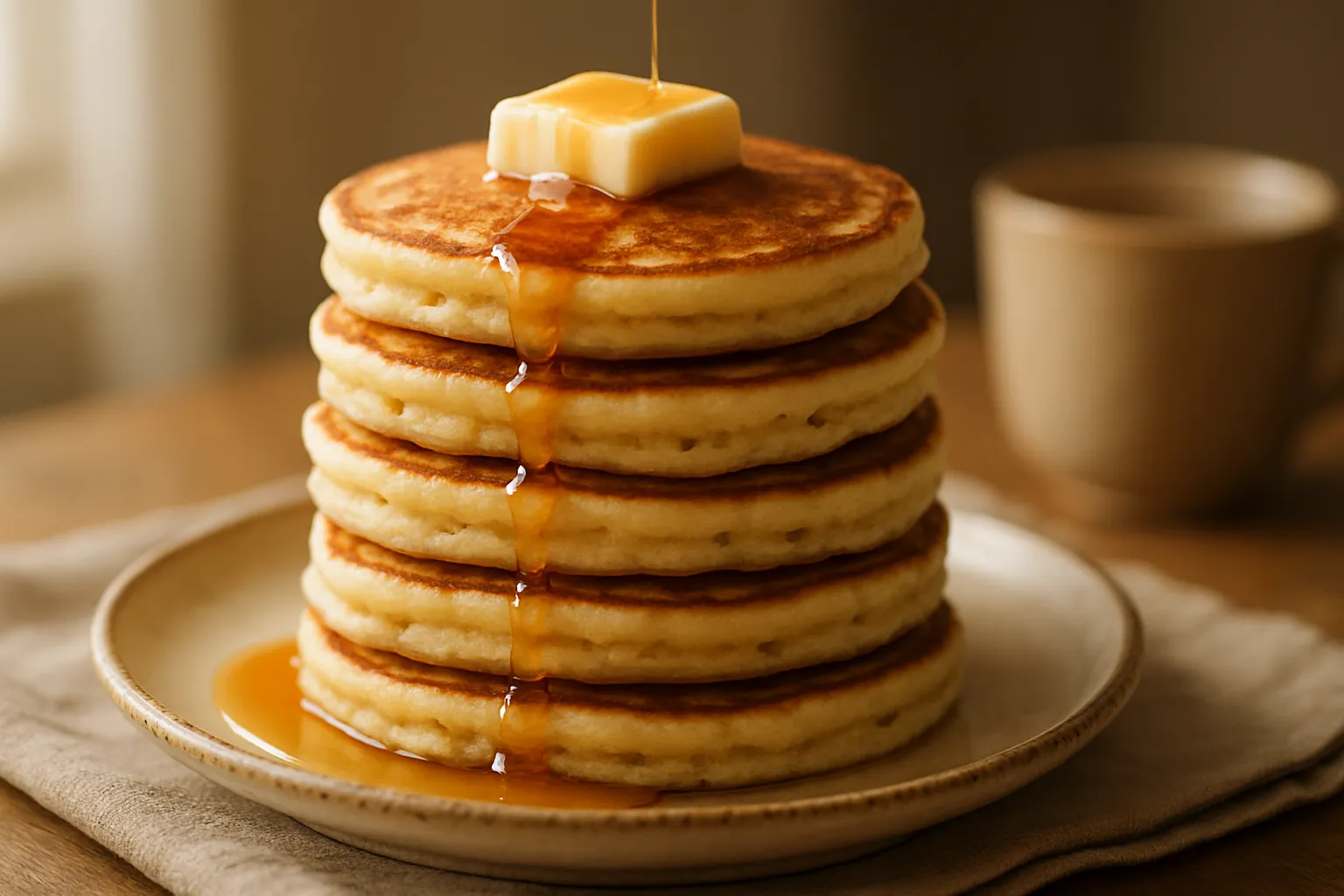 Buttermilk pancakes cooking on griddle with bubbles forming on surface and golden-brown edges