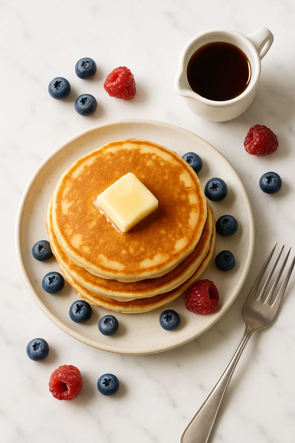 Perfect stack of four fluffy buttermilk pancakes with melting butter and maple syrup on white plate