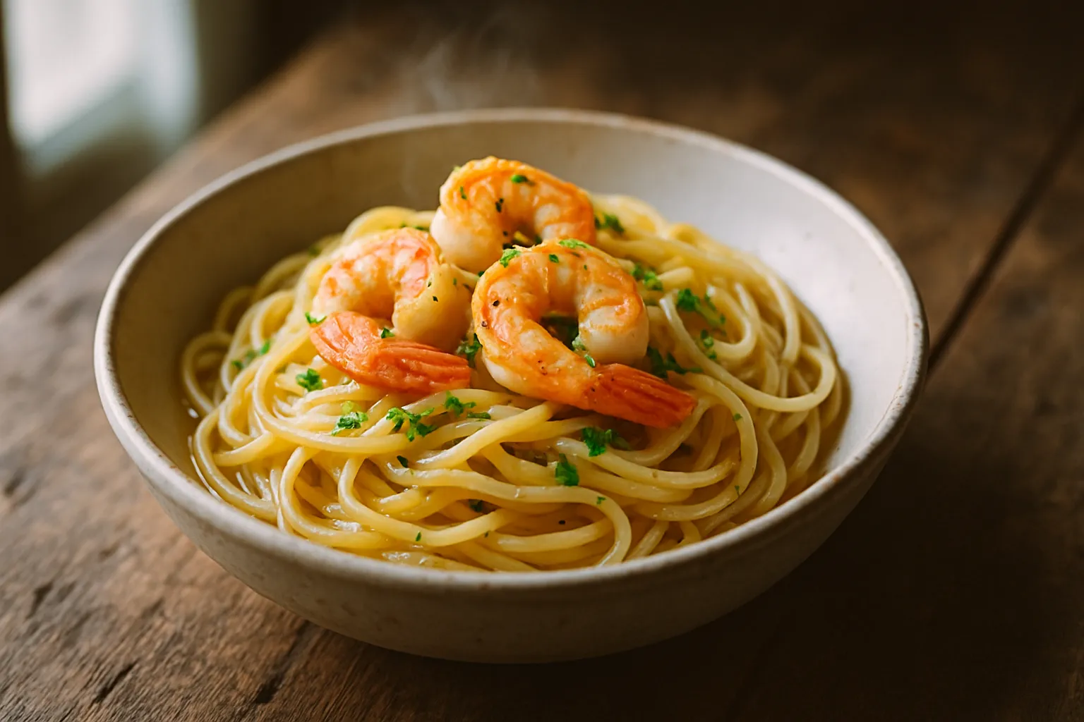 Garlic butter shrimp pasta served in a white bowl with golden sauce, pink shrimp, and fresh parsley garnish