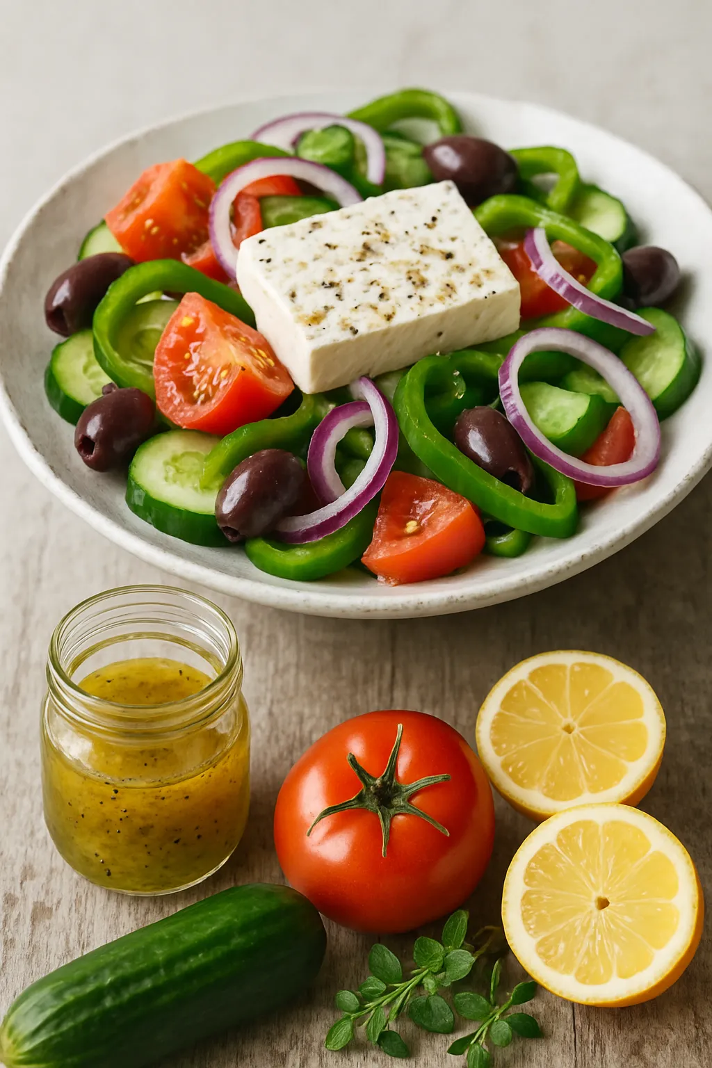 Authentic Greek salad with chunky tomatoes, cucumber, feta cheese, Kalamata olives, and homemade lemon-oregano dressing on a white platter