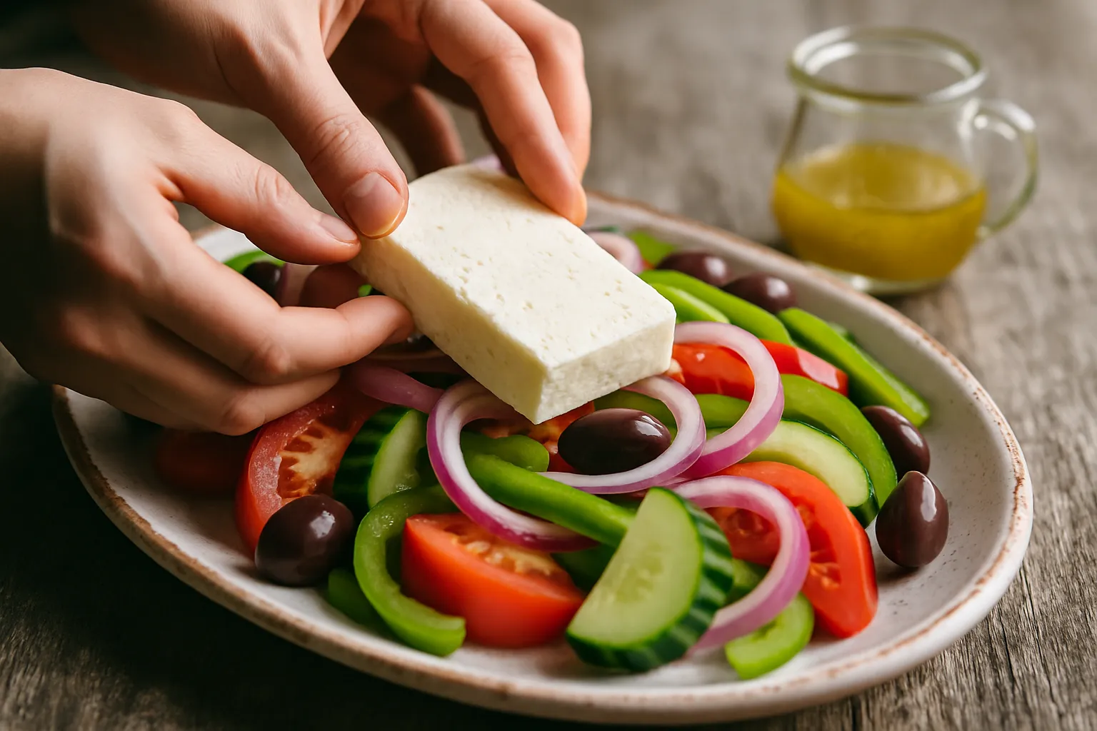 Overhead view of fresh Greek salad ingredients including tomatoes, cucumber, feta cheese, Kalamata olives, bell pepper, olive oil, and lemon