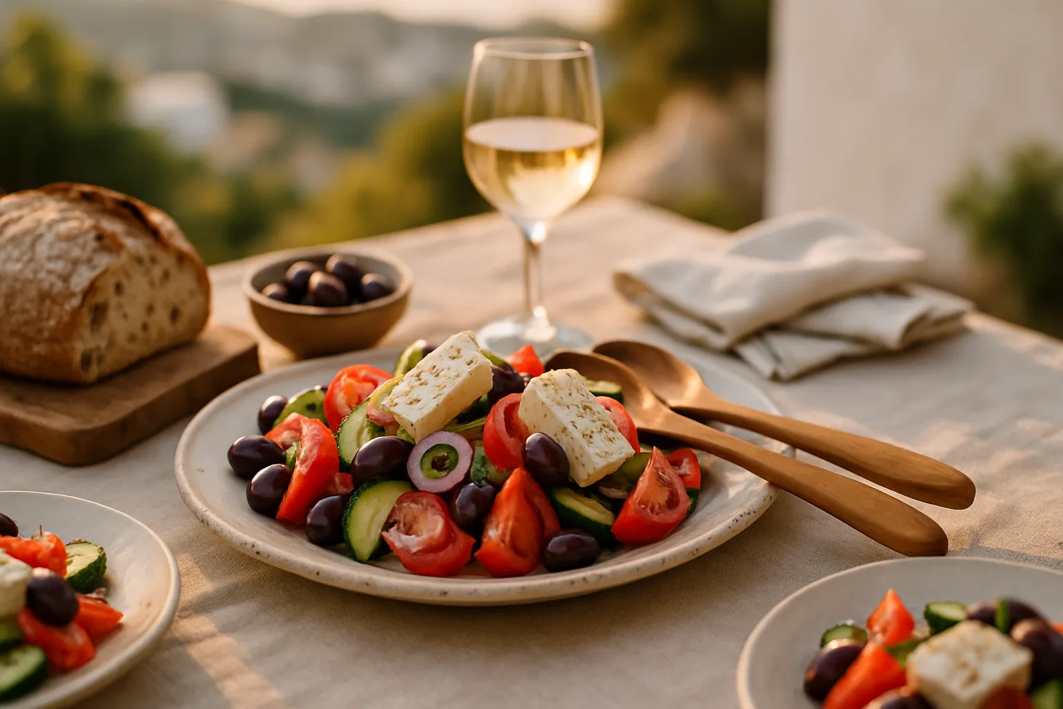 Vertical image of Greek salad with homemade dressing, showing finished dish, dressing jar, and fresh ingredients