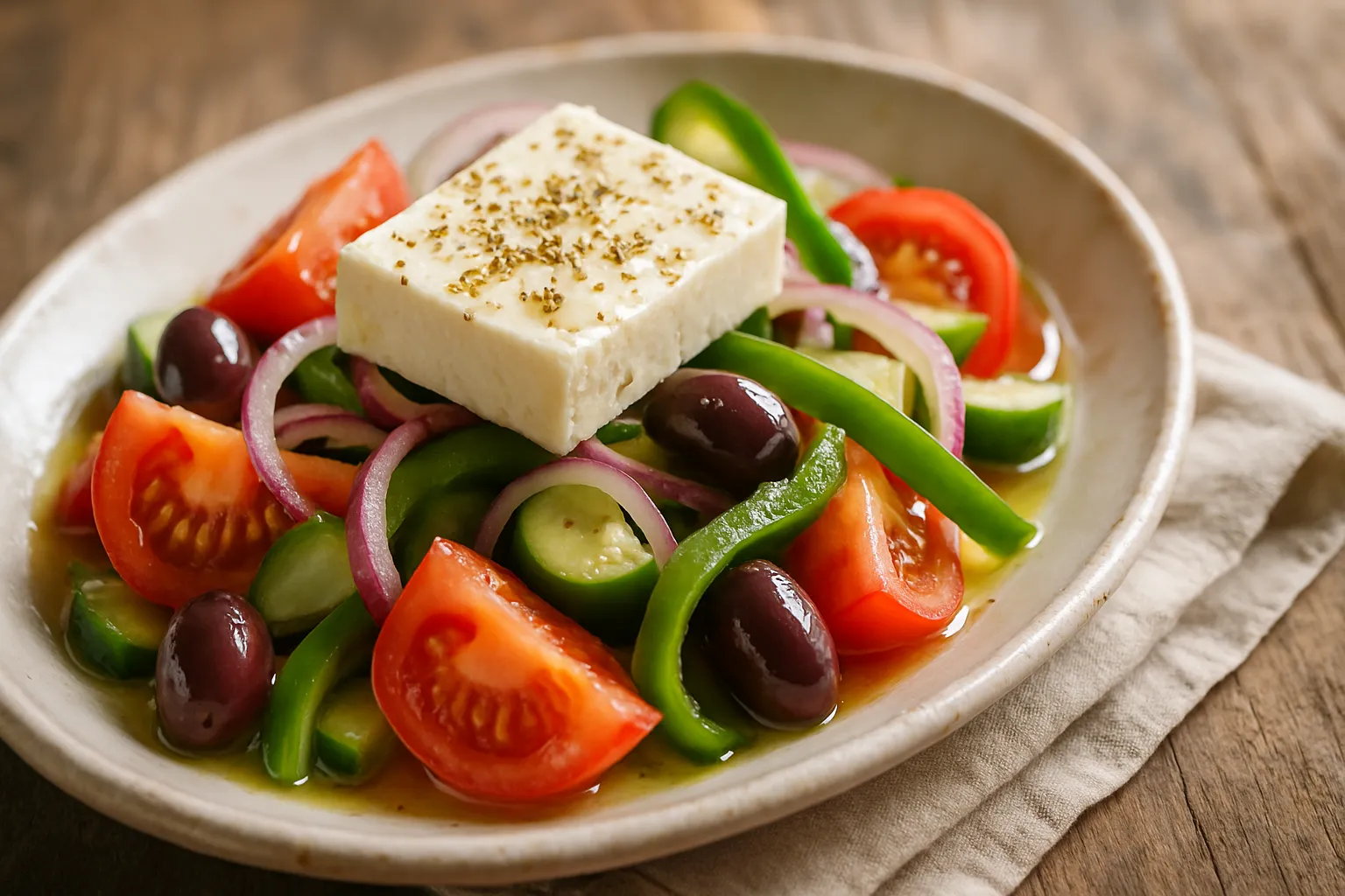 Hands assembling Greek salad with chunky vegetables and placing thick feta cheese slab on top