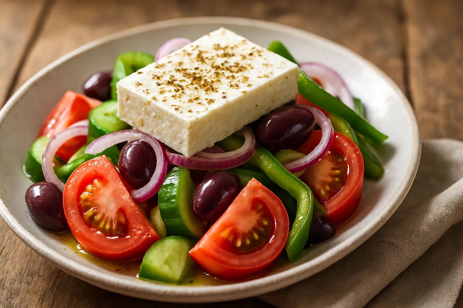 Greek salad served on outdoor Mediterranean table with bread, olives, and wine in a casual dining setting