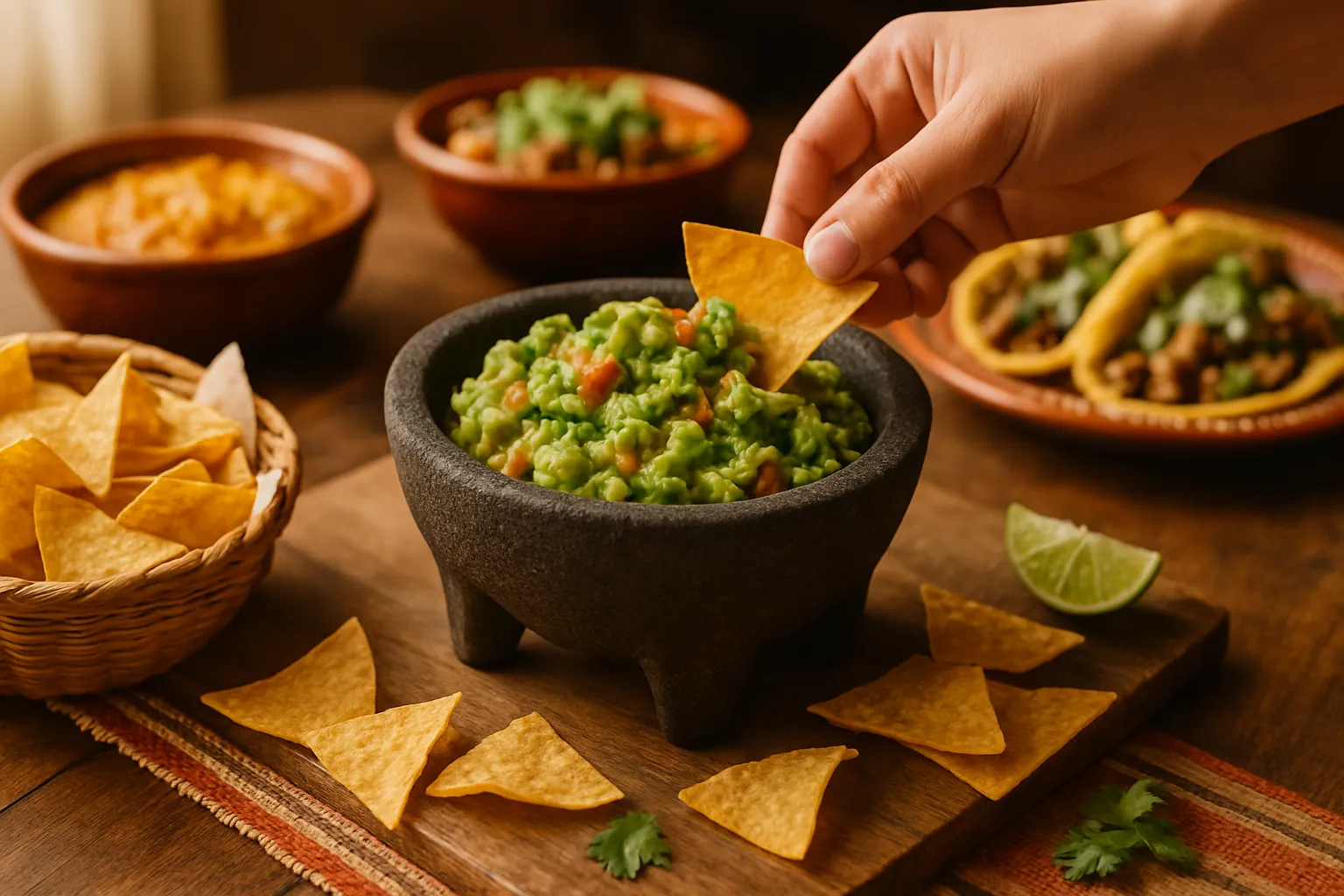 Authentic Mexican guacamole in traditional molcajete with chunky texture, fresh cilantro, and lime wedges on rustic wooden table