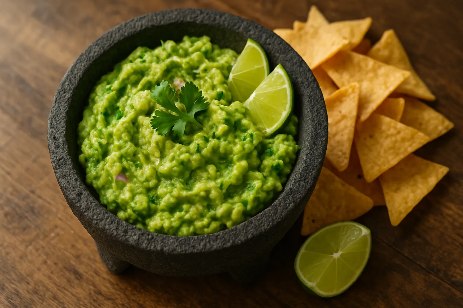 Hands mashing ripe avocados in traditional volcanic stone molcajete to create chunky authentic guacamole texture