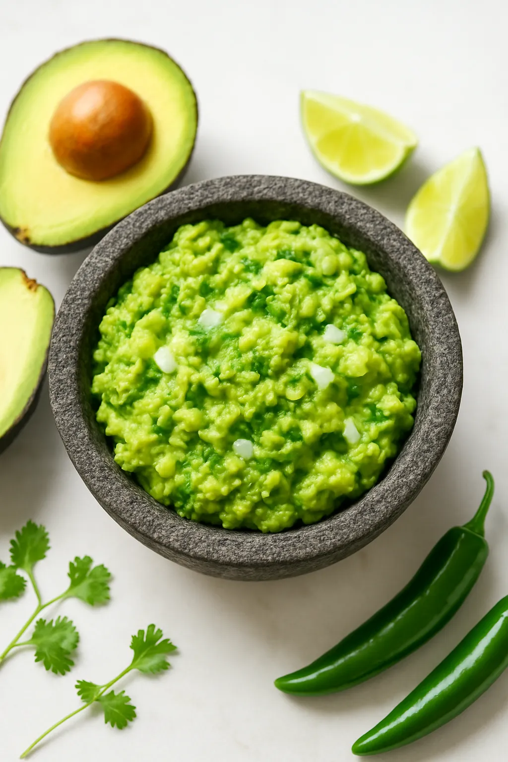 Finished authentic Mexican guacamole with chunky texture in molcajete, garnished with cilantro and lime