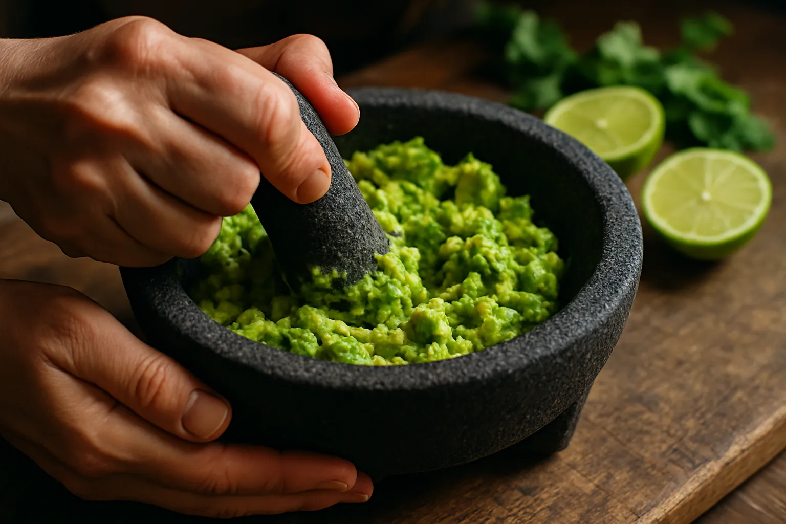 Authentic Mexican guacamole served in molcajete with warm tortilla chips on rustic wooden table