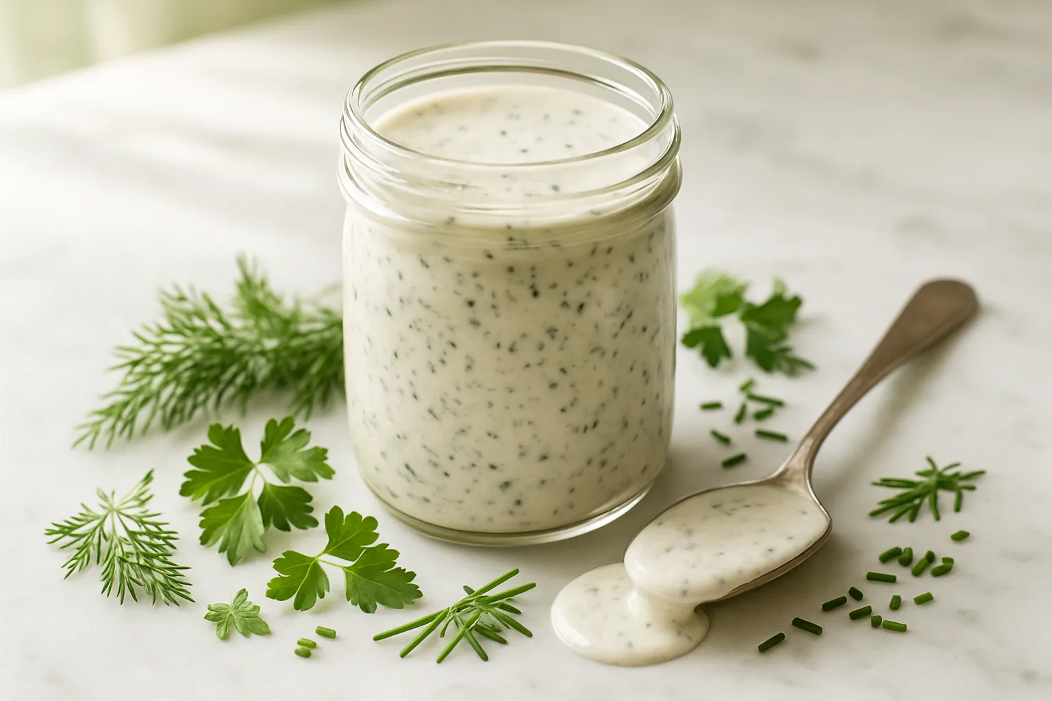 Creamy homemade ranch dressing in a glass jar with fresh herbs on marble countertop