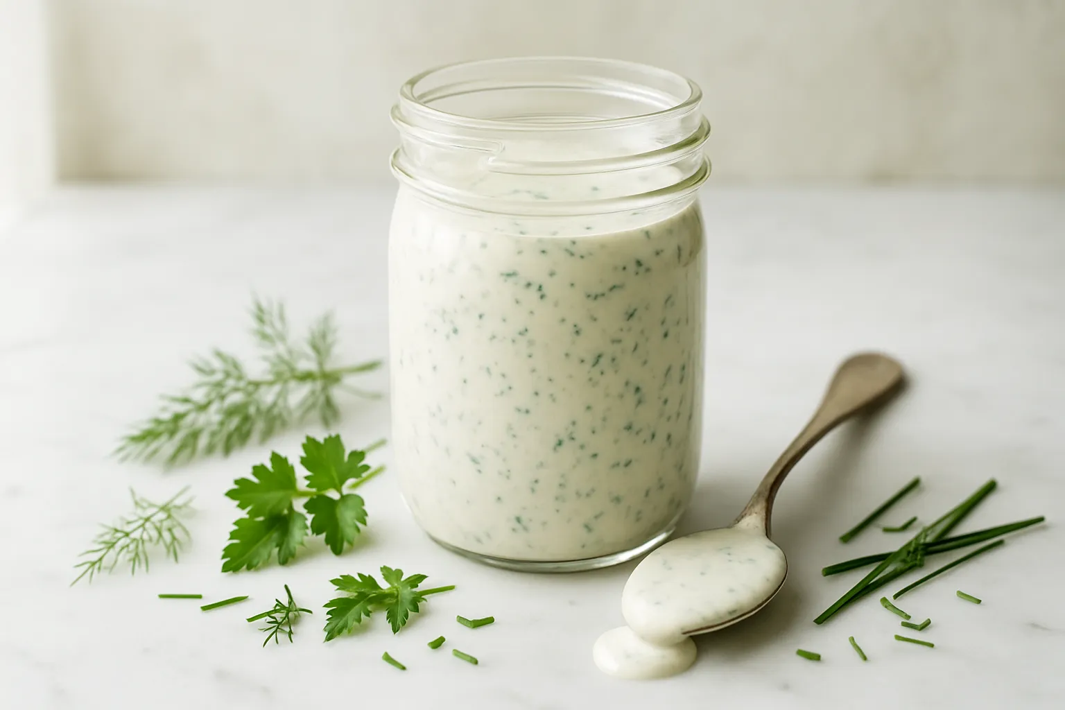 All ingredients for homemade ranch dressing arranged on marble surface including fresh herbs, dairy products, and spices