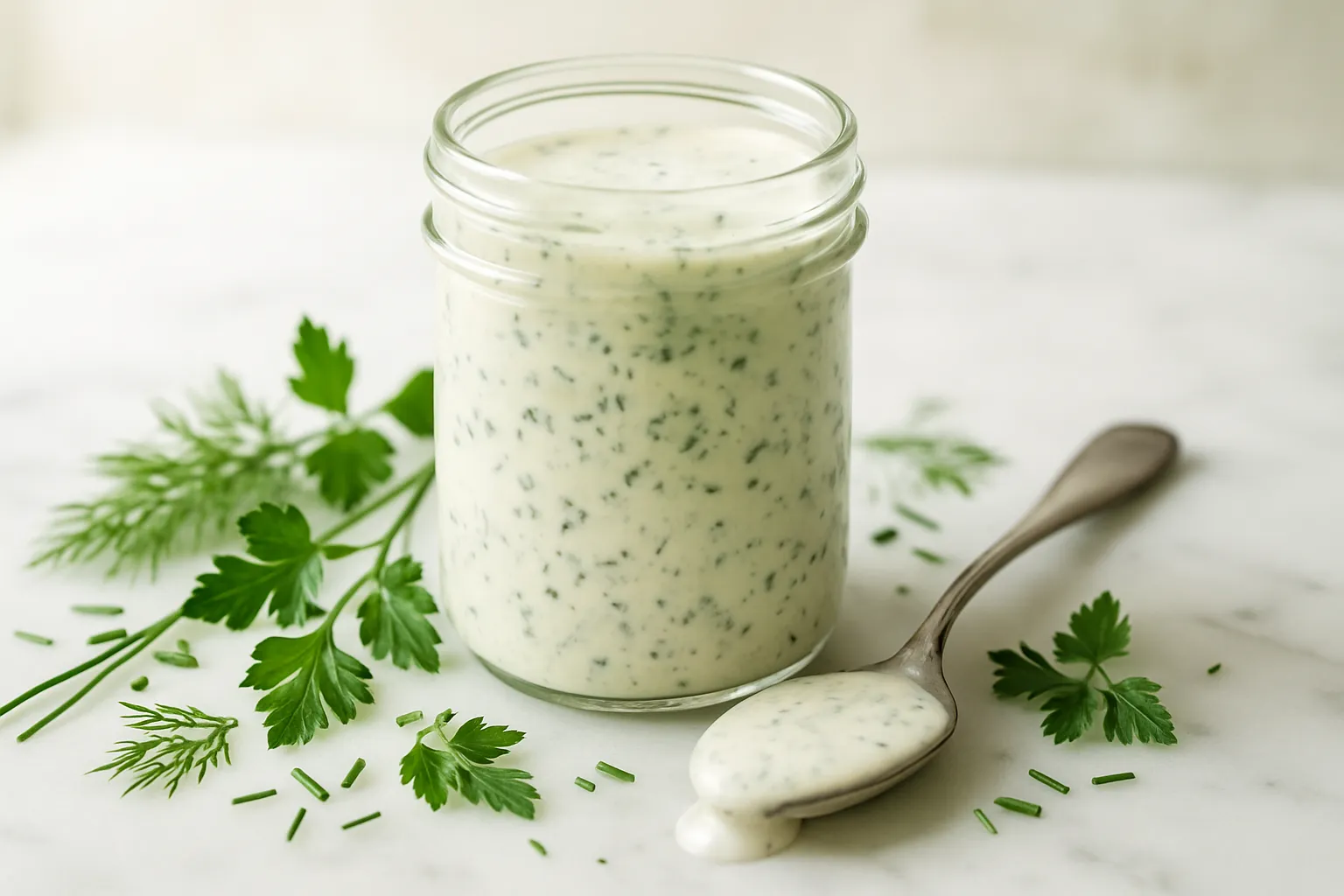 Homemade ranch dressing being poured over fresh salad, overhead view