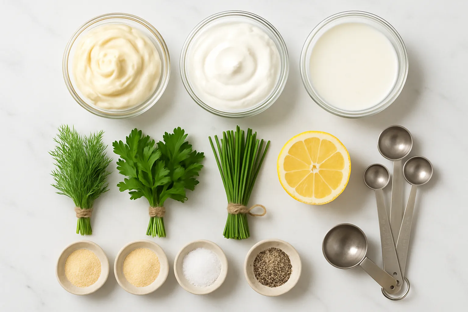 Hands whisking homemade ranch dressing in a glass bowl showing creamy texture with fresh herbs