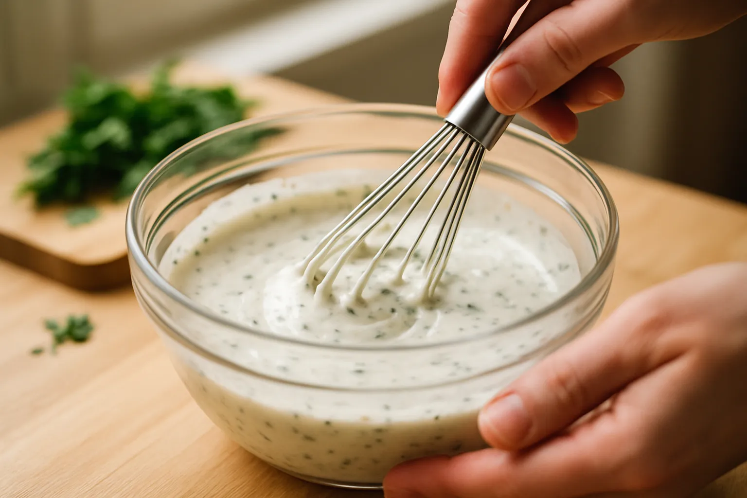 Creamy homemade ranch dressing being poured into a glass mason jar for storage