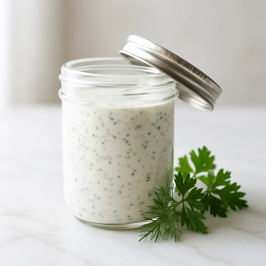 Finished homemade ranch dressing in glass jar with fresh herbs, ready to serve