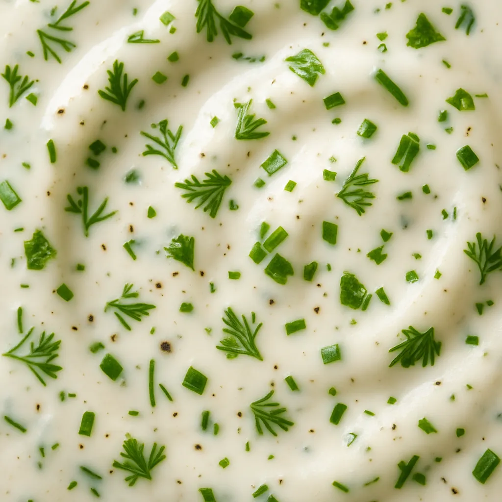 Extreme close-up of creamy homemade ranch dressing texture showing fresh herb flecks