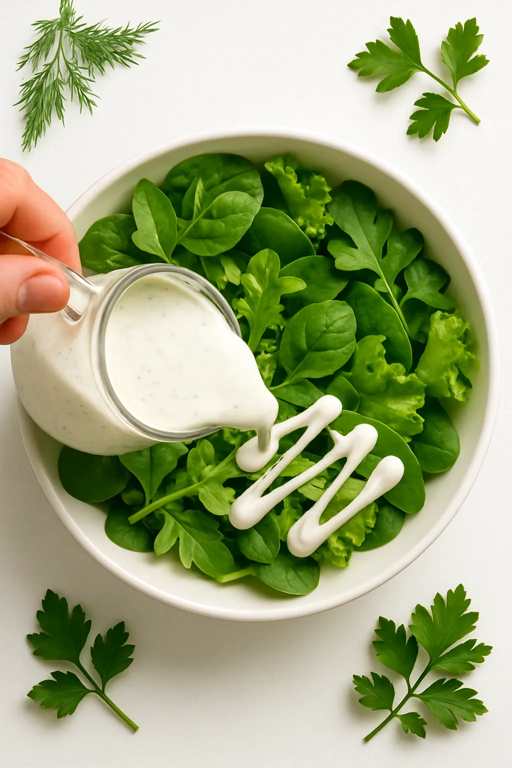 Homemade ranch dressing served with fresh vegetables and salad on rustic board