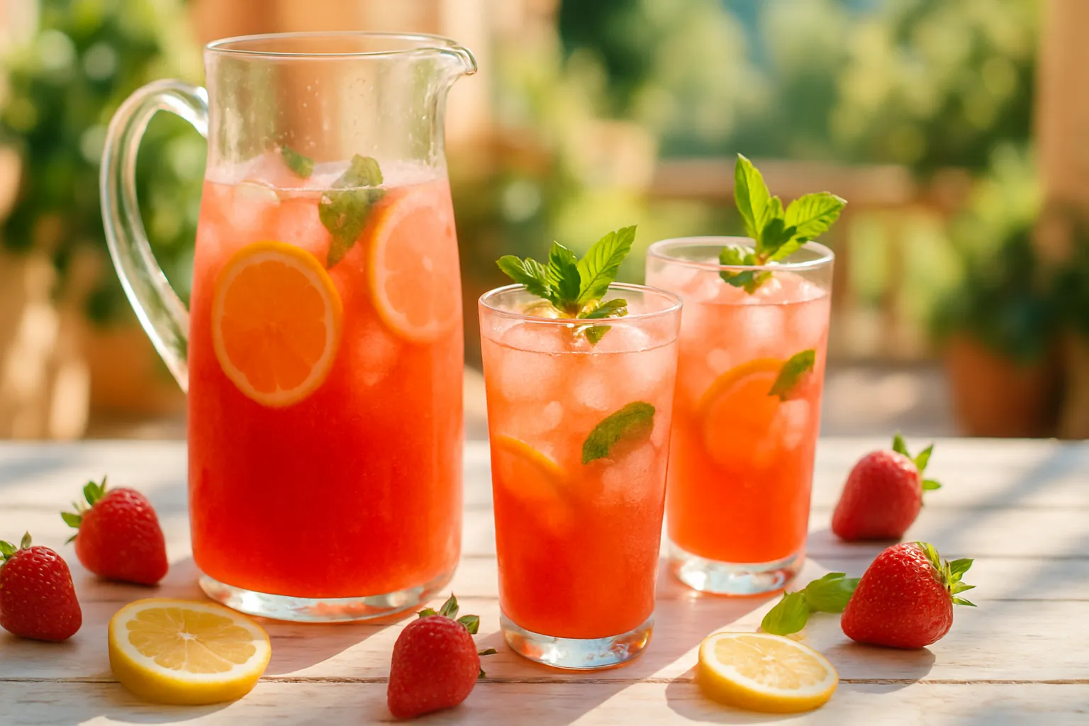 Fresh strawberries being blended into smooth puree in a glass blender on a white kitchen counter