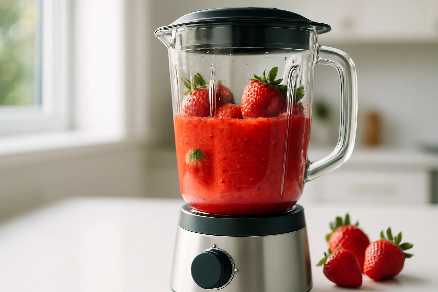 Vertical composition of fresh strawberry lemonade in a tall glass surrounded by fresh strawberries and lemon slices